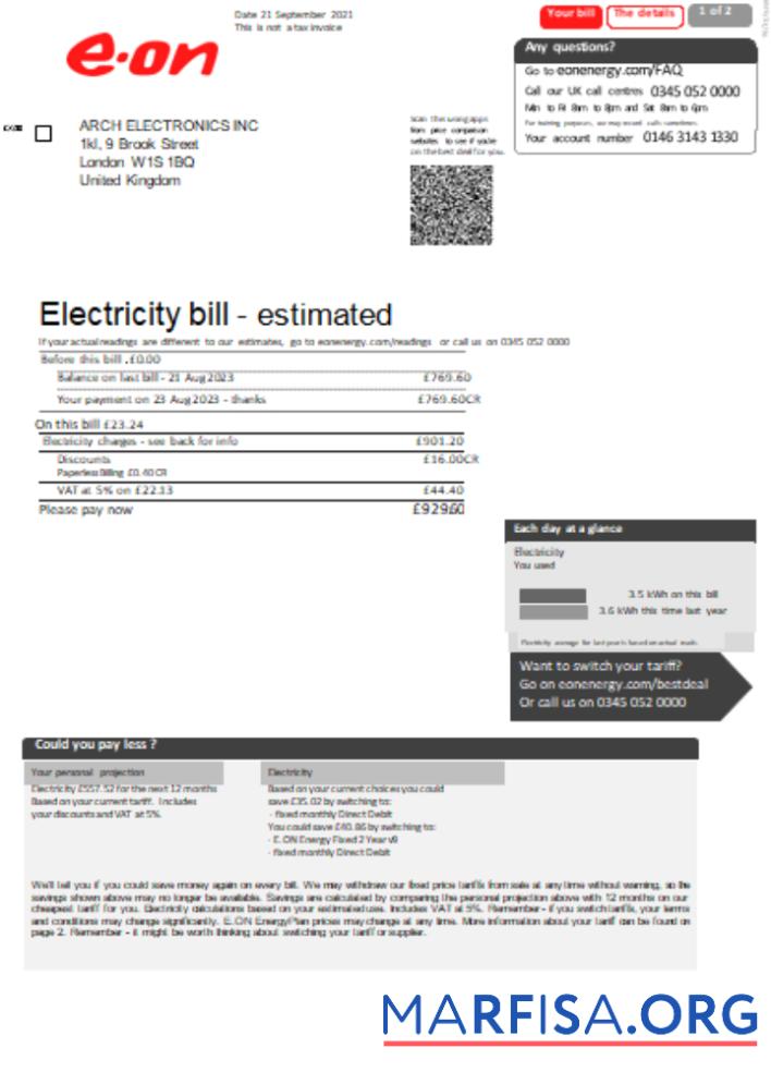Printable E.ON UK electricity utility business bill, page 1 SCR template